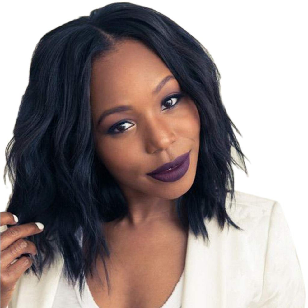 Unisex Black Short Bob Wig With Natural Wavy Texture, Glueless Curly Human Hair Wig For Women Adjustable Cap