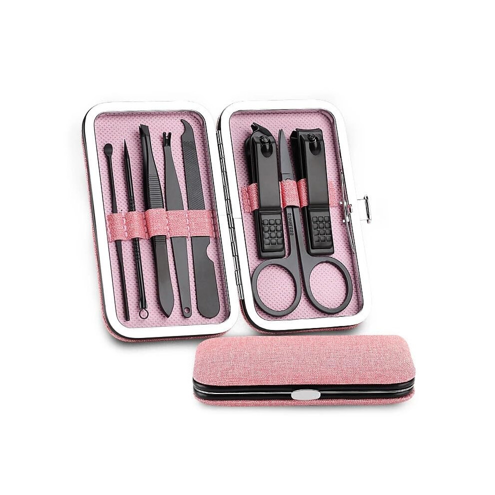 Pink Manicure Set With Precision Stainless Steel Blades, 8 Piece Travel Nail Clippers And Grooming Kit