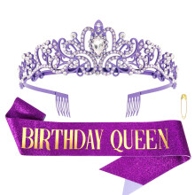 Birthday Queen Tiara and Gold Glitter Sash Set for Women with Sparkling Rhinestones