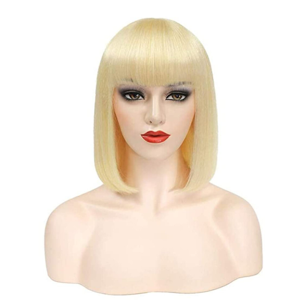Unisex Honey Blonde Short Bob Human Hair Wig With Bangs, Glueless Brazilian Virgin Straight, 150% Density