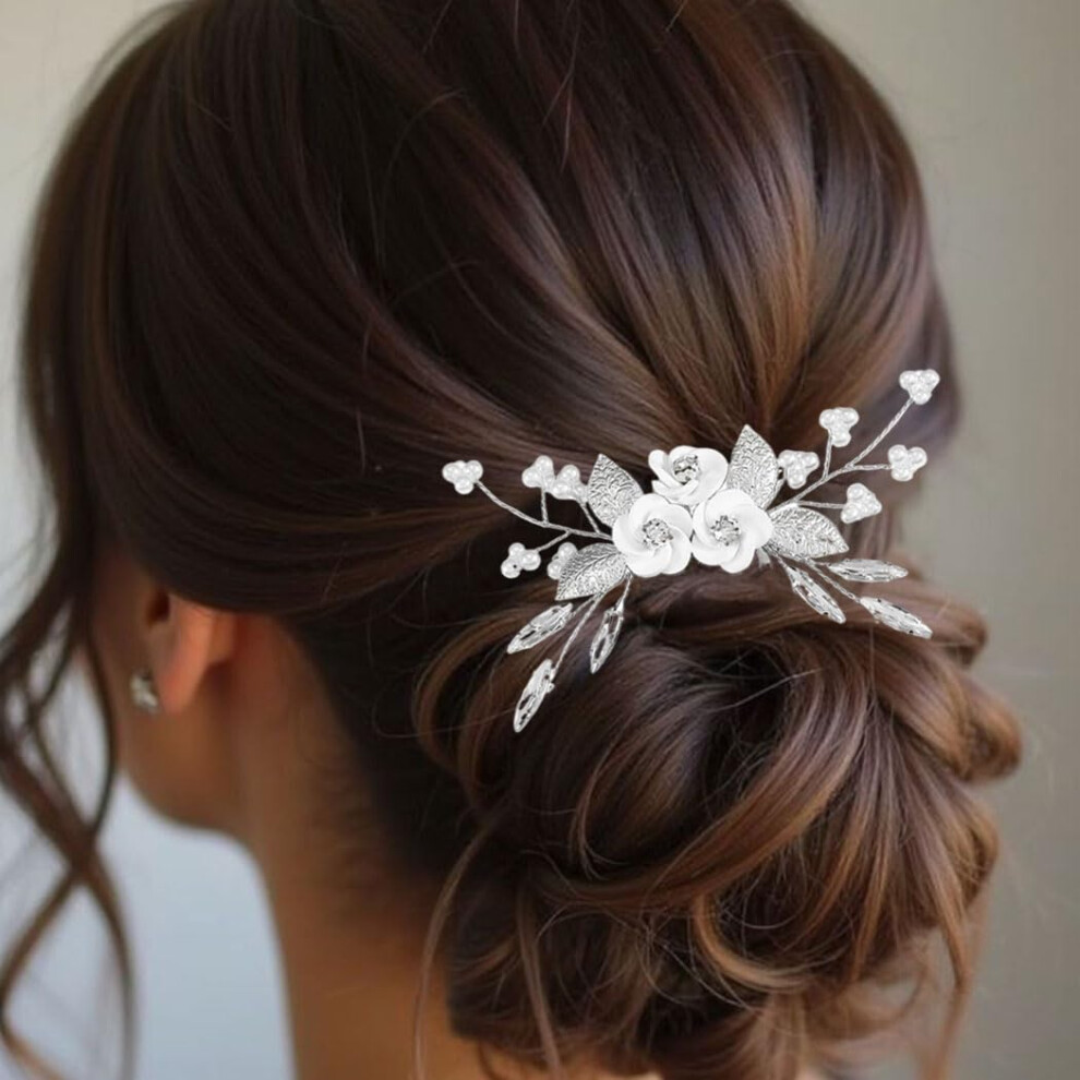 Unisex Silver Bridal Hair Accessories Flower Wedding Hair Comb With Pearls And Rhinestones For Brides