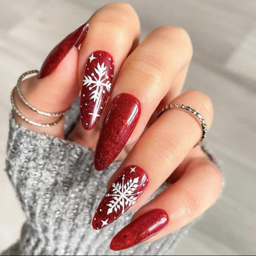 Christmas Press On Nails 24pcs Almond Shape with Festive Snowflake Design for Holiday Manicure
