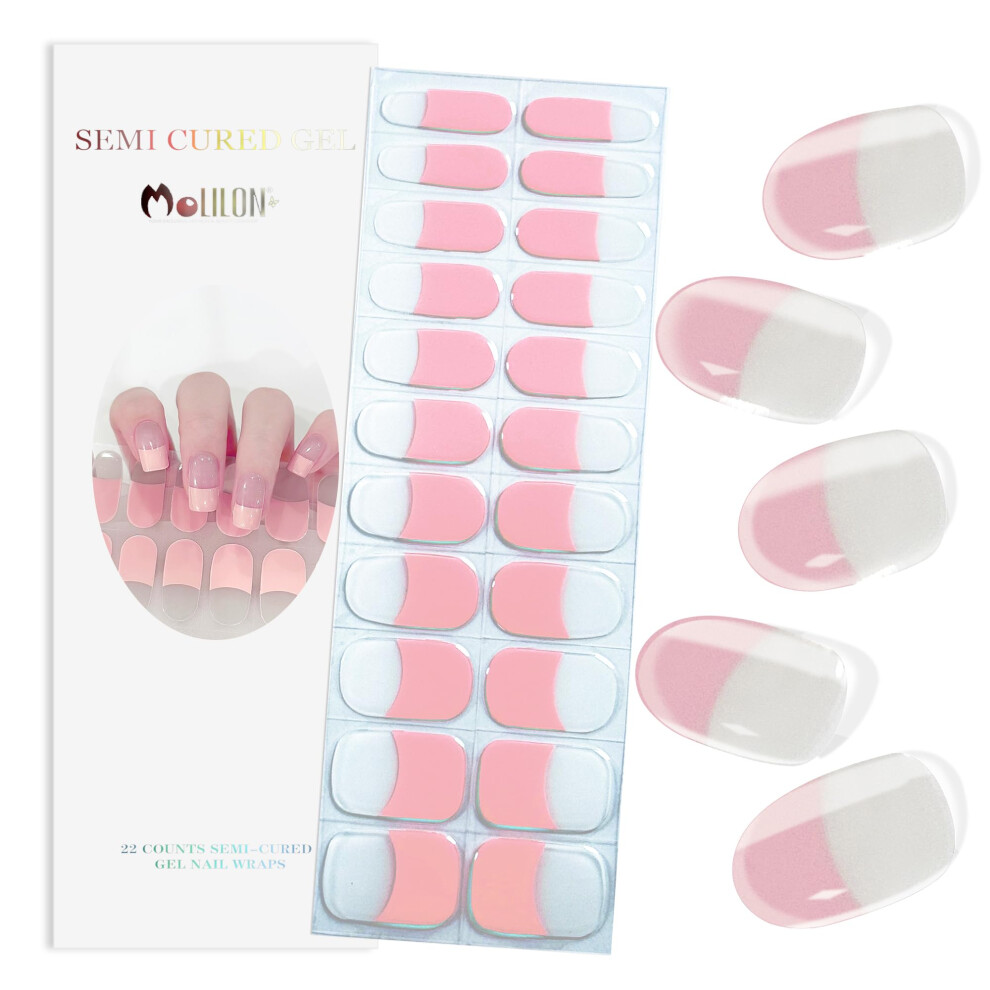 Orange Semi Cured Gel Nail Strips French Tip Uv Stickers Salon Glossy Long Lasting Easy Apply 22Pcs