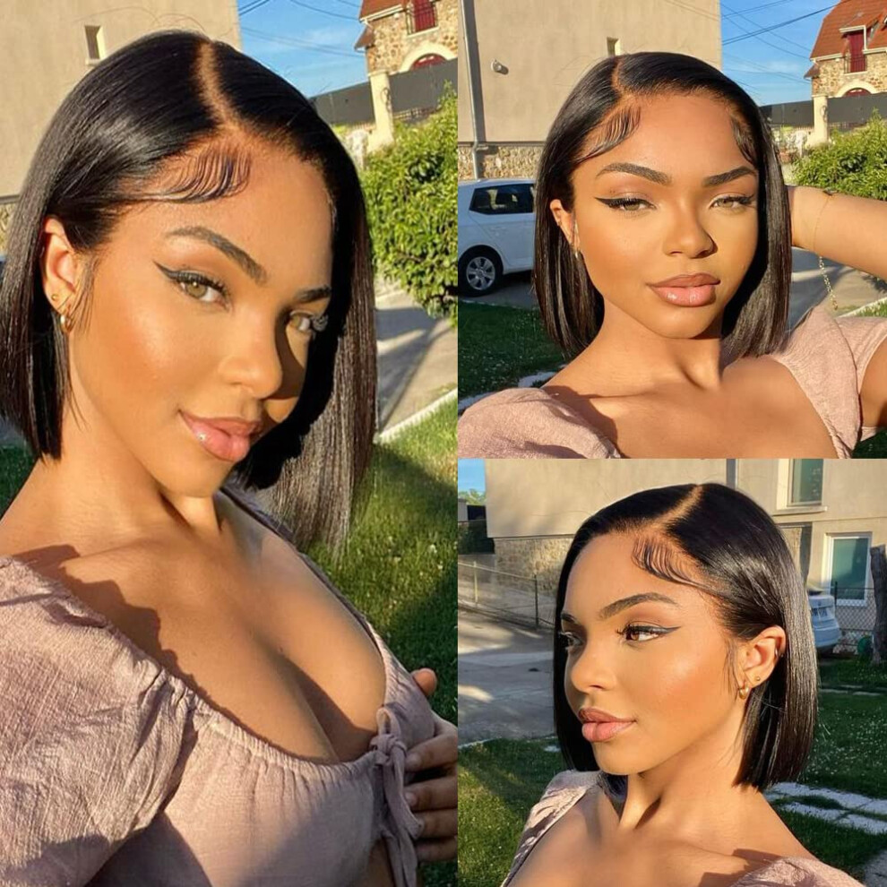 Unisex Bob Lace Front Wig Human Hair 13X6 Transparent Lace Pre Plucked Glueless 8 Inch Straight Natural Hairline