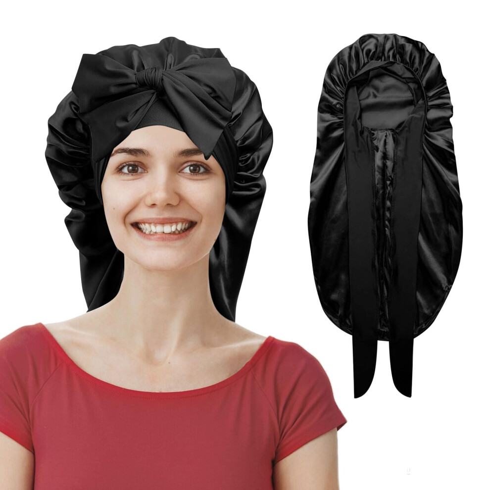 Unisex Black Silk Sleep Bonnet For Curly Hair With Adjustable Wide Band And Frizz Reduction