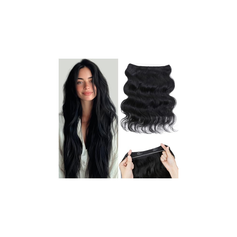 Unisex Black Halo Hair Extensions Real Human Hair Invisible Wire With Clips Long Wave 15 Inch Jet