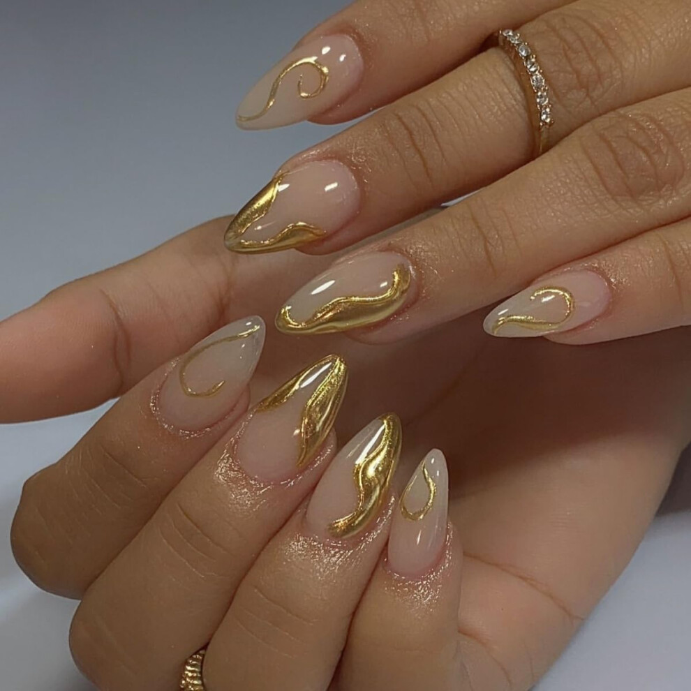 Gold French Tip Press On Nails 24Pcs Long Coffin Fake Nails Holiday Designs Reusable