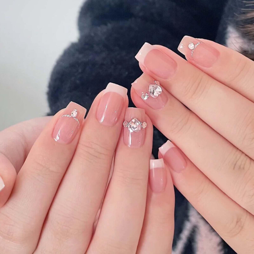 Pink Reusable Press On Nails With Glue, French Acrylic Fake Nails, Rhinestone Nail Kit For Women