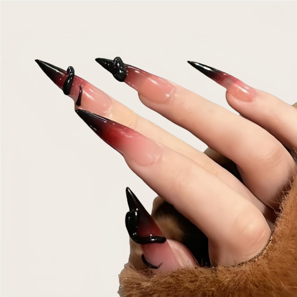 Handmade Gothic Black Snake Dark Red Ombre Press On Nails, Reusable Long Lasting Fake Nail Tips