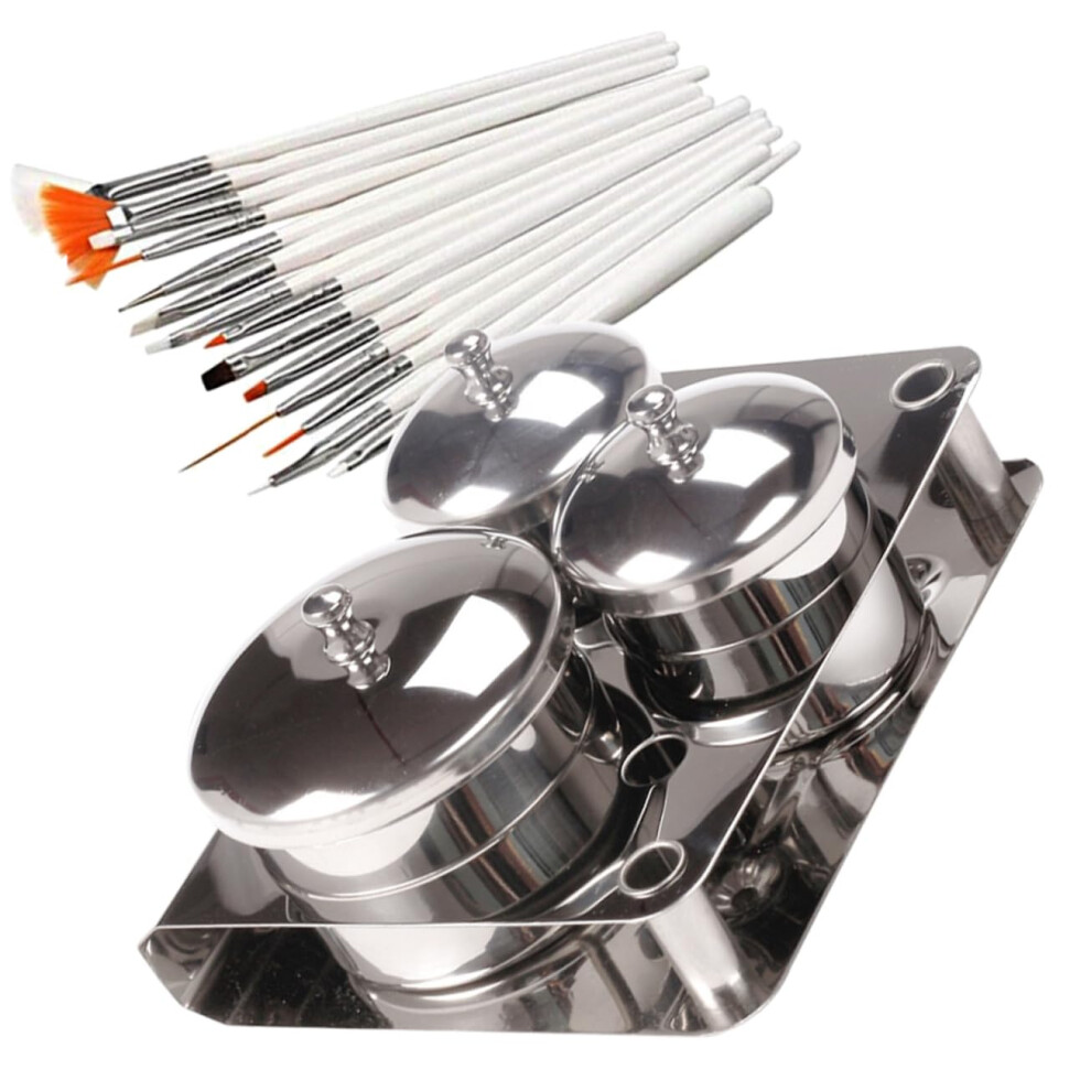 Nail Art Brush Set with Stainless Steel Dappen Dish for Acrylic Powder and Manicure Cleaning Bowl