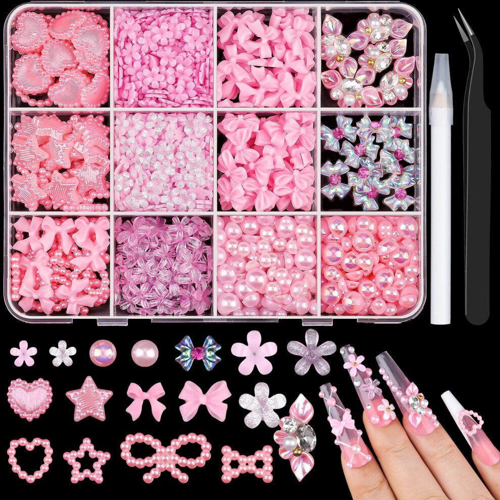 Pink 3D Nail Art Charms With Pearls And Rhinestones, Flower Bow Gems Set With Tools For Diy Manicure