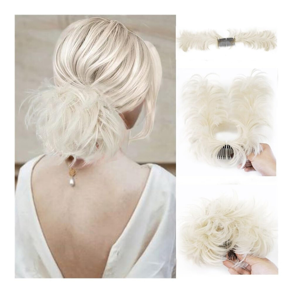 White Synthetic Hair Bun Extension with Fast Styling Clip, Fluffy Feather Hairpiece for Short Curly Hair