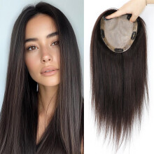 24 Inch Dark Brown Human Hair Topper Silk Base Virgin European Straight with Clips for Women