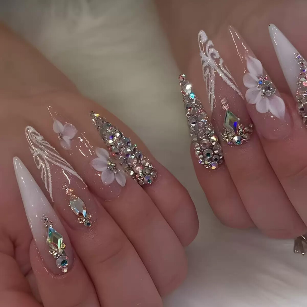 White Press On Nails Ombre Long Stiletto Fake Nails With Rhinestones Glitter Reusable Set 24Pcs