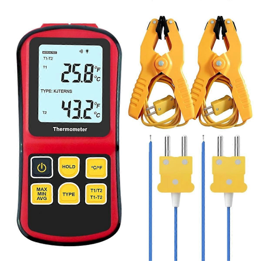 K Type Digital Thermometer with 2 Probes & 2 ClampsAs Shown