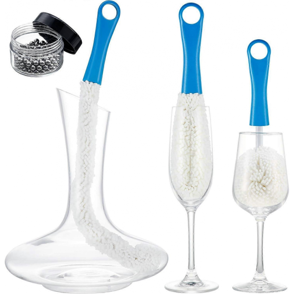 Blue 3-Pack Wine Decanter & Glass Cleaning Brush Set With Beads (Blue)