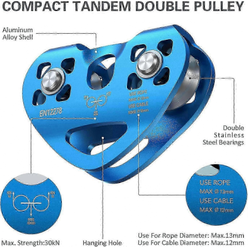 30KN Tandem Speed Double Pulley for 1/4" 5/16" 3/8" 1/2" Zip Line Cable 2