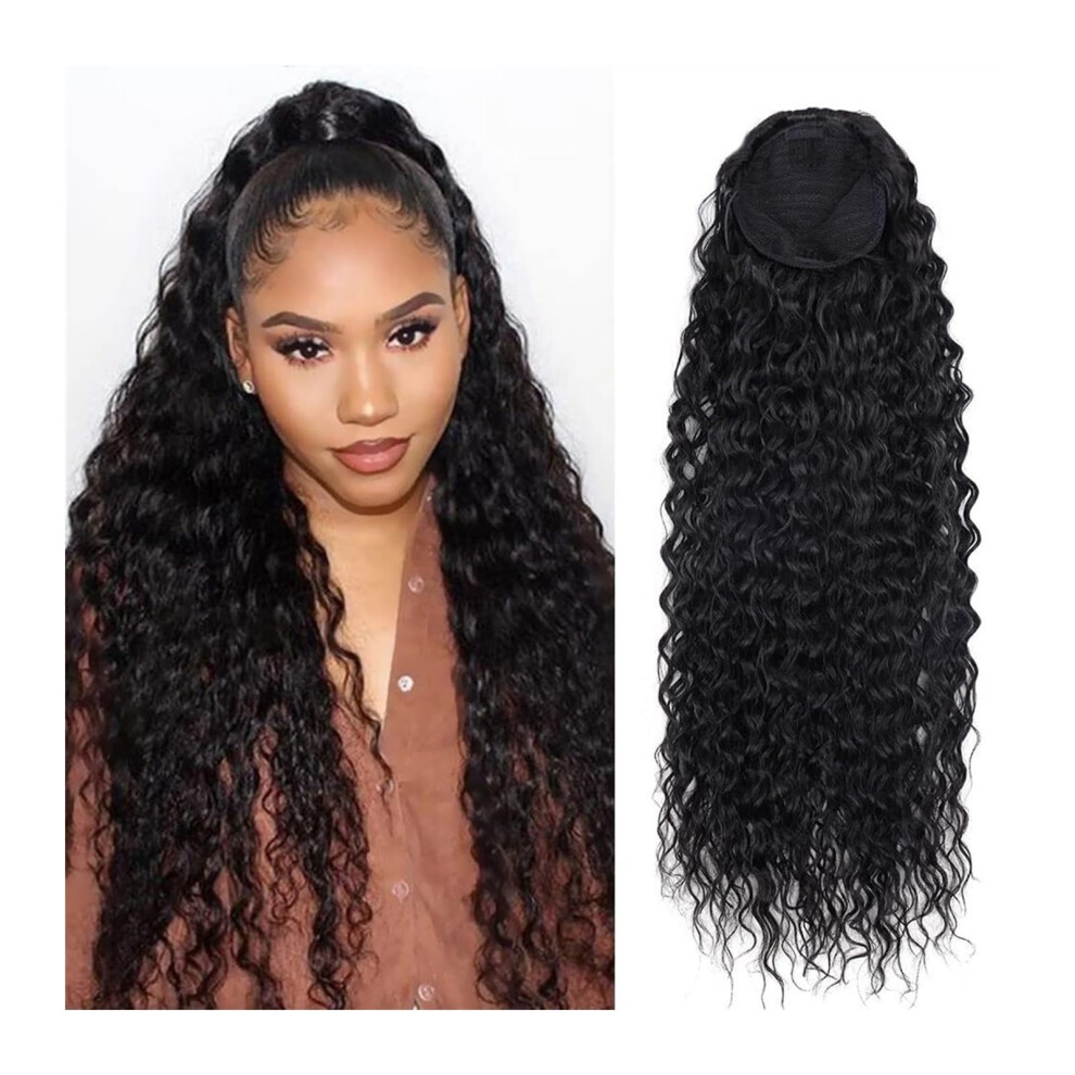 24 Inch Curly Drawstring Ponytail Extension Synthetic Deep Wave Hairpiece for Black Women