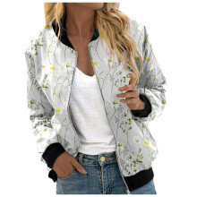 Sweat Jacket Women's Bomber Style StandUp Collar Floral Pattern Lightweight Sports Jacket Long Sleeve Light Grey XL