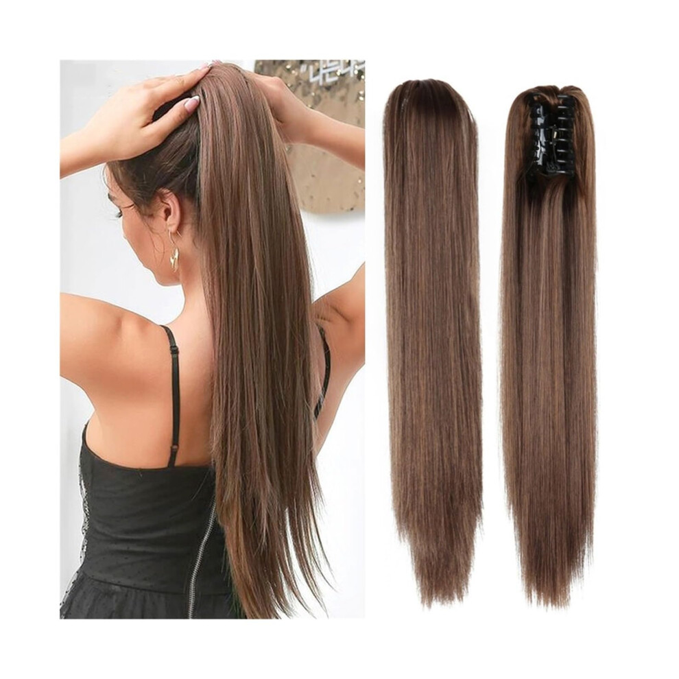 Unisex Brown 22 Inch Human Hair Ponytail Extension With Heat Resistant Straight Clipin For Instant Volume