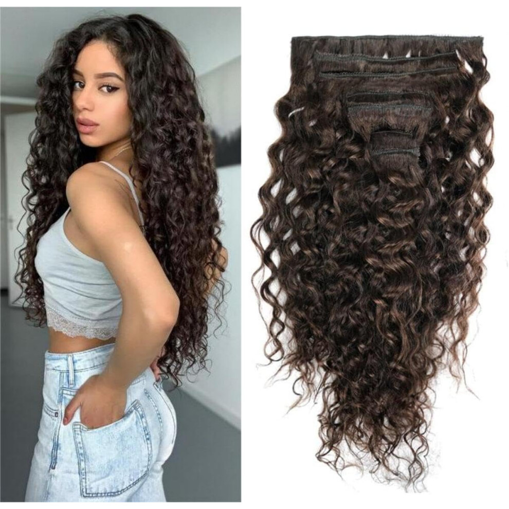 Unisex Brown 20 Inch Brazilian Deep Wave Clip In Hair Extensions Dark Remy Human Hair Double Weft Seamless