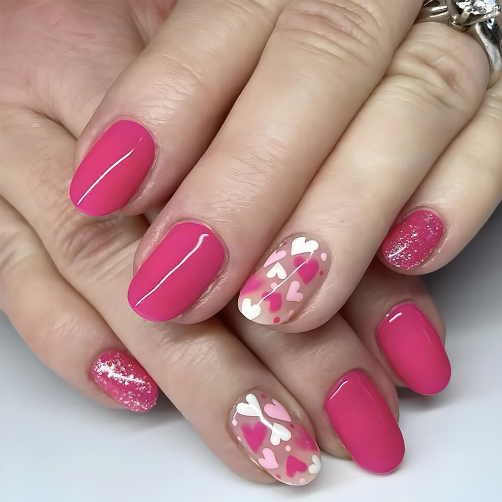 24 Pcs Pink Almond Press on Nails with Valentine Glitter Hearts, Reusable Acrylic Fake Nails