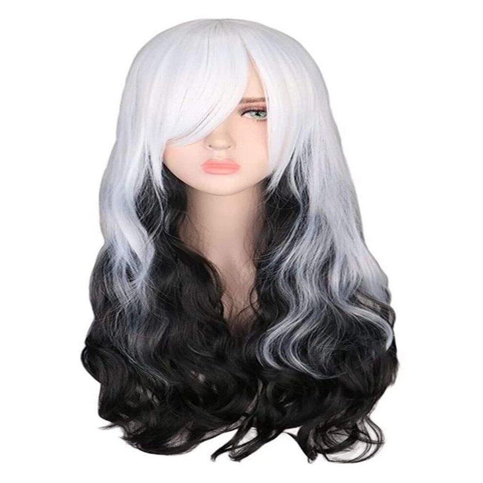 Black and White Harajuku Cosplay Wig Long Wavy Volume with Natural Hairline and Stylish Bangs
