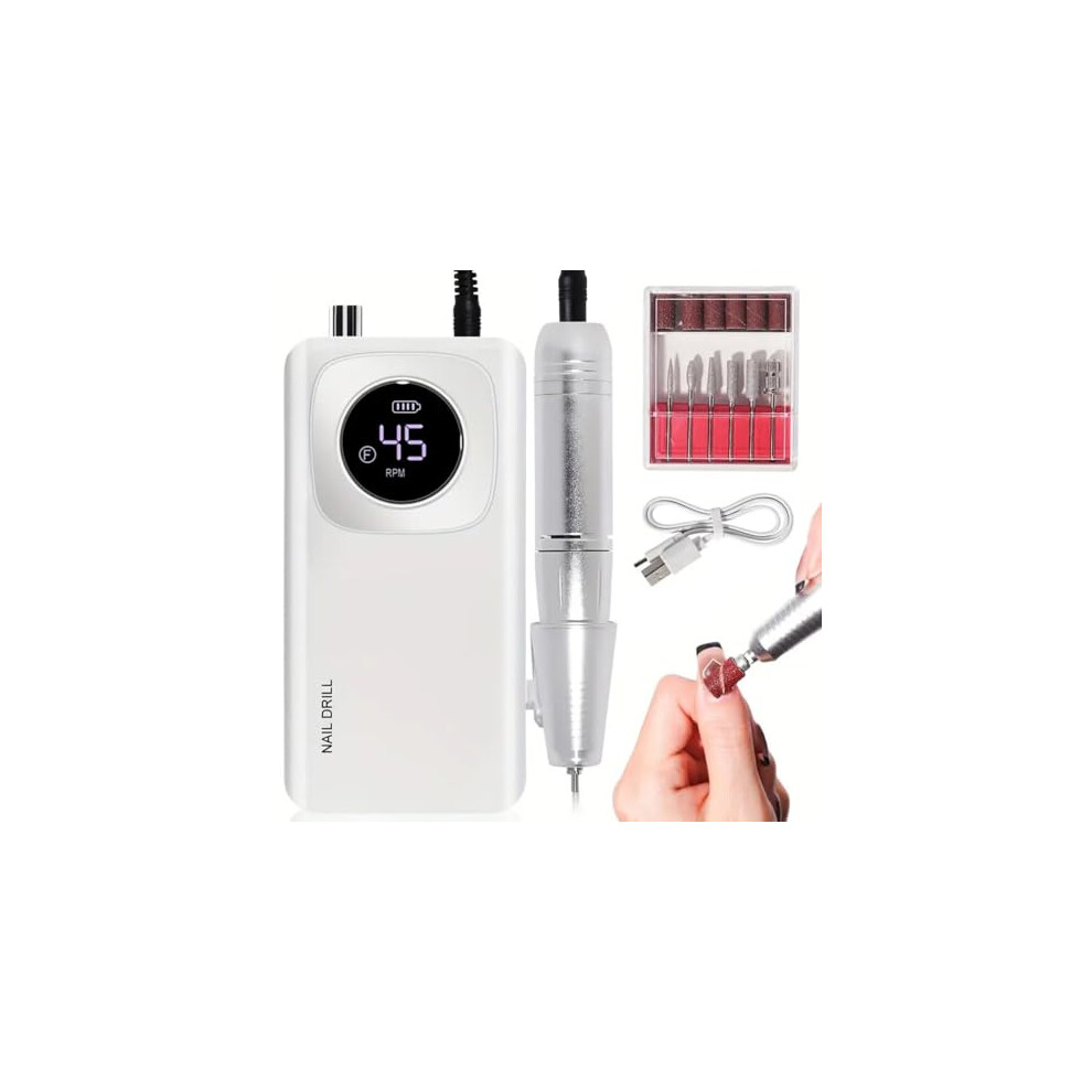 White Electric Nail Drill 45000Rpm Rechargeable E File Kit For Acrylic Gel Nails With Bits Grayish