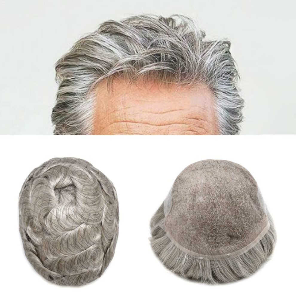 Unisex Brown,Grey Men's Toupee Human Hairpiece French Lace 6X9 Inch Remy Hair Bleached Knots Natural Hairline Medium Light Brown 80% Grey