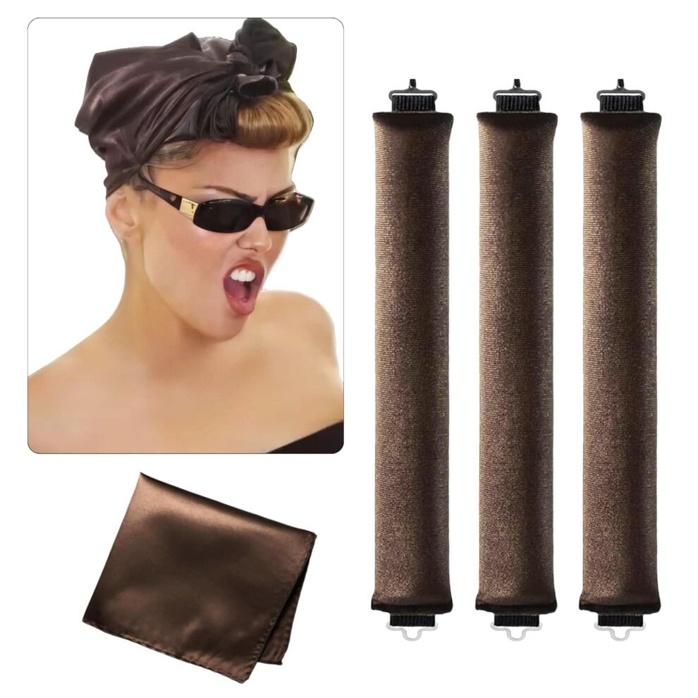 Heatless Hair Curlers Set with Velvet Rods and Satin Scarf for Overnight Curls, Brown