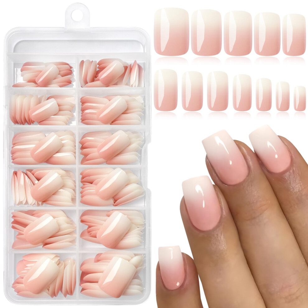 Pink,White Short Square Ombre Press On Nails Set With Glue And Tabs, Gradient Pink To White Fake Nails
