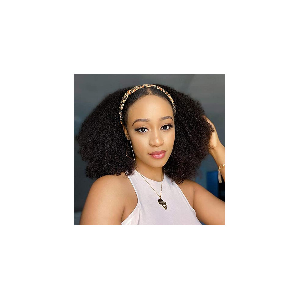 Unisex Black Afro Headband Wig Kinky Curly Human Hair Glueless 12 Inch Brazilian Virgin For Women