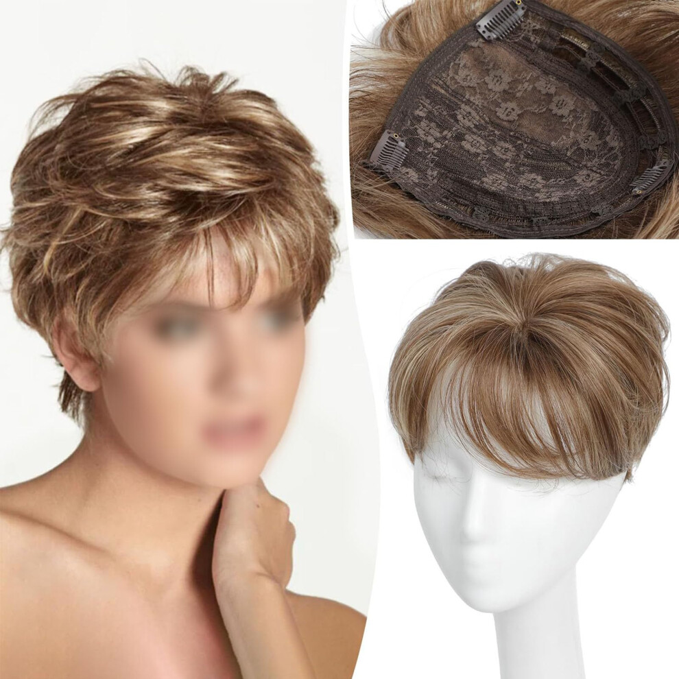Unisex Brown Hair Toppers With Bangs For Women Short Curly Hair Toupee Large Base Pixie Hair Piece Mutilayer Wavy Clip In Synthetic Hairpieces Blonde Mixed