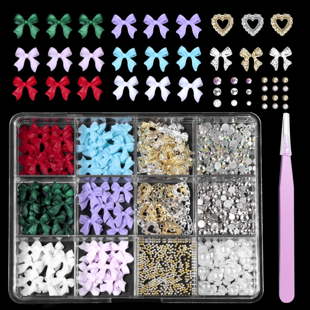 Silver/Gold Nail Art Charms Set With Colorful 3D Nail Bows And Rhinestones, 40Pcs Alloy Decor