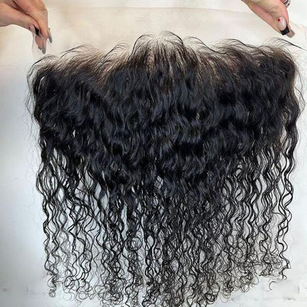 Unisex 13X4 Hd Lace Frontal Wig 14 Inch Water Wave Brazilian Virgin Human Hair Frontal Pre Plucked Bleached Knots Natural Hairline Finish