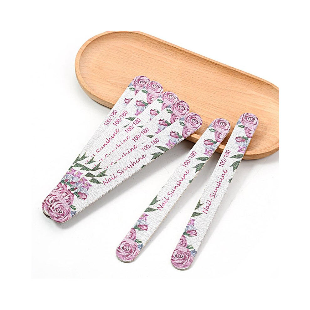 Pink Nail File 100/180 Grit Wooden Emery Board Doublesided For Natural Nails Rose Pattern 10Pcs