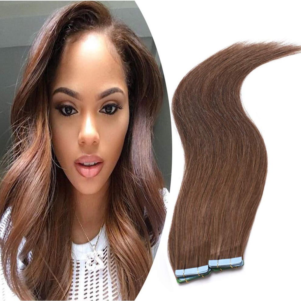 Unisex Brown Tape In Remy Human Hair Extensions 20 Inch Chestnut #6 Silky Straight Seamless Natural Blend