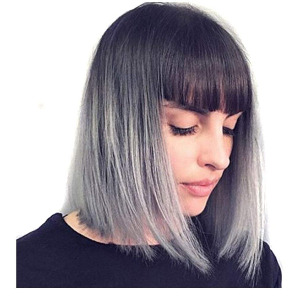 Unisex Black,Grey Grey Ombre Bob Wig With Bangs, Black To Grey Shoulder Length, Heat Resistant Synthetic Hair