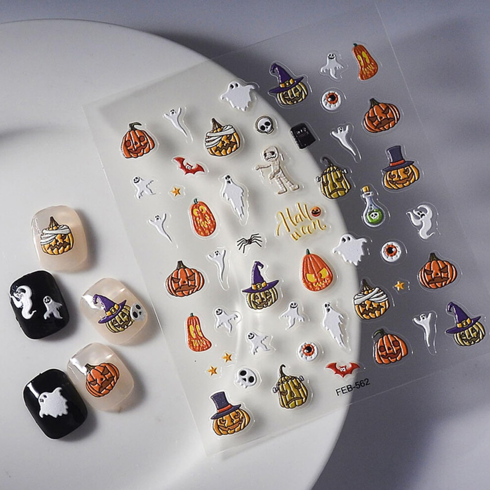 Halloween Nail Stickers 5D Embossed Ghost Pumpkin Bat Witch Self Adhesive Nail Art Decals for Women