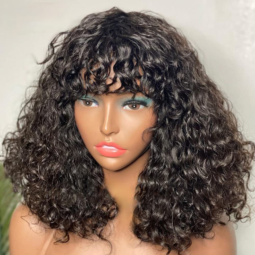 Unisex Glueless Curly Bob Human Hair Wig With Bangs For Women, Nonlace 150% Density 10 Inch