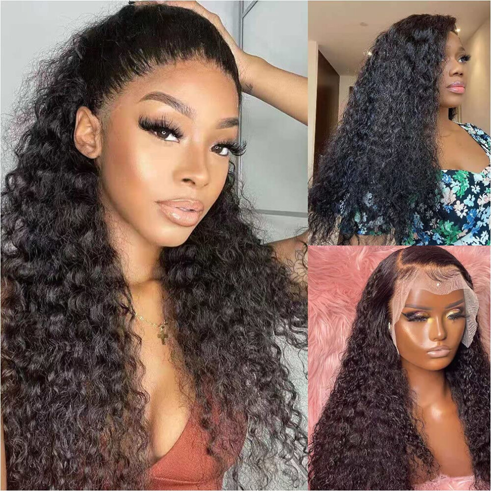 Unisex Water Wave Lace Front Wig 13X6 Hd Brazilian Remy Hair Pre Plucked Bleached Knots 16 Inch