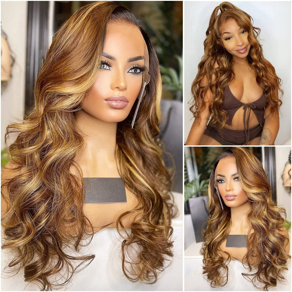 Unisex Brown Ombre Blonde 13X6 Lace Front Human Hair Wig Brazilian Body Wave Pre Plucked Bleached Knots