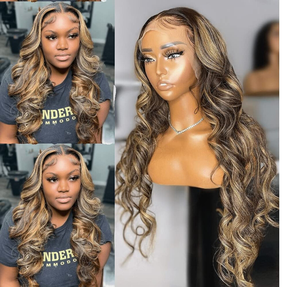 Unisex 13X6 Ombre Highlight Body Wave Lace Front Human Hair Wig Pre Plucked Transparent Lace 16 Inch