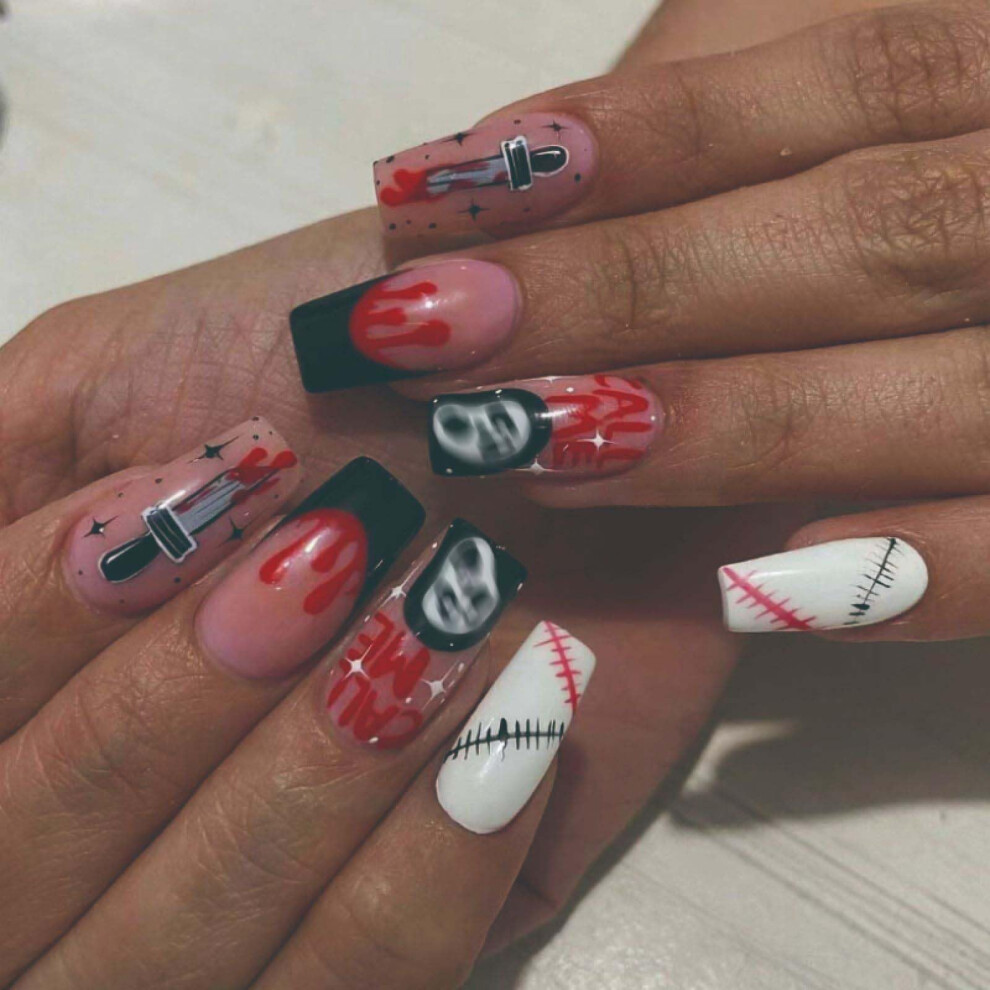 Halloween Press On Nails with Ghost Design, Reusable Coffin Shape Fake Nails for Women, 24pcs