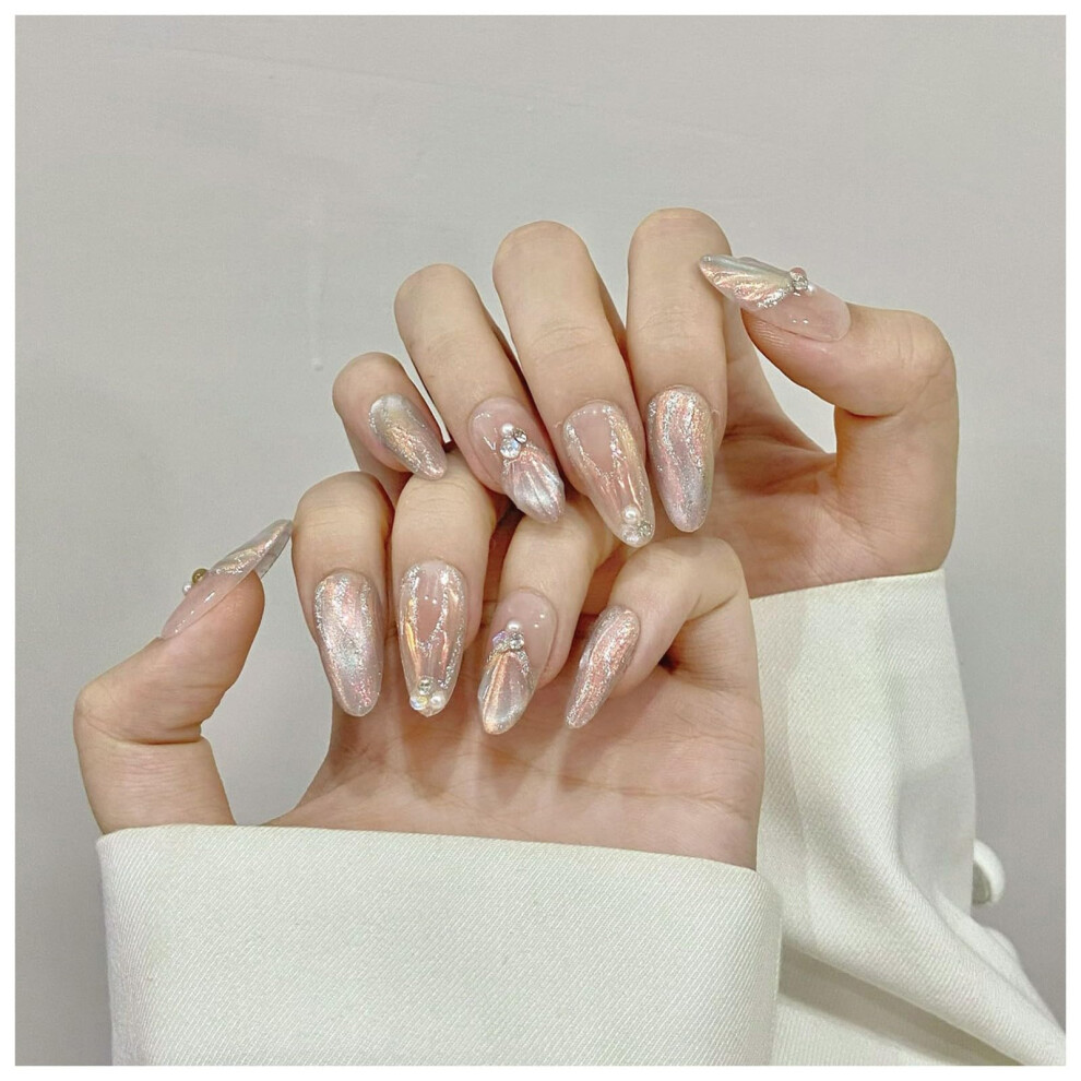 Almond Press On Nails Glossy Ombre Cat Eye Glitter Fake Nails Elegant Medium Long Reusable Tips