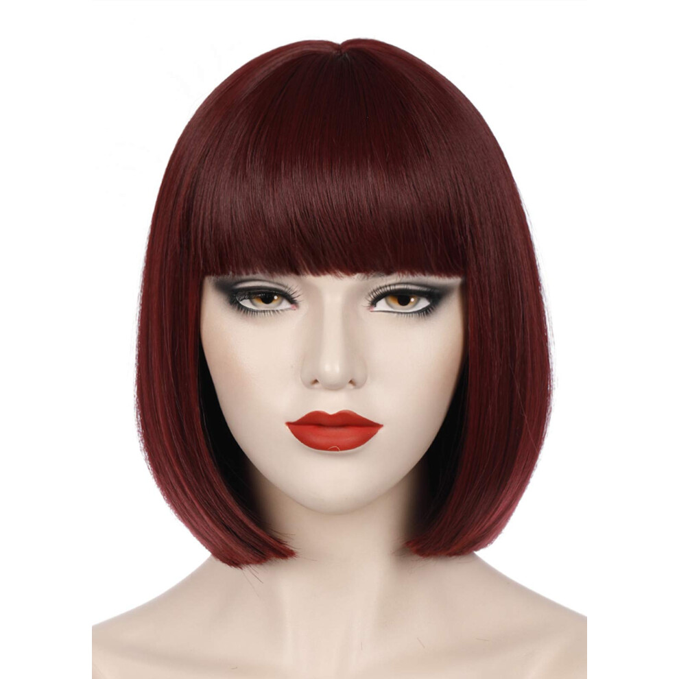 Burgundy Bob Wig with Bangs for Women, Heat Resistant Synthetic Hair, Natural Look, with Wig Net