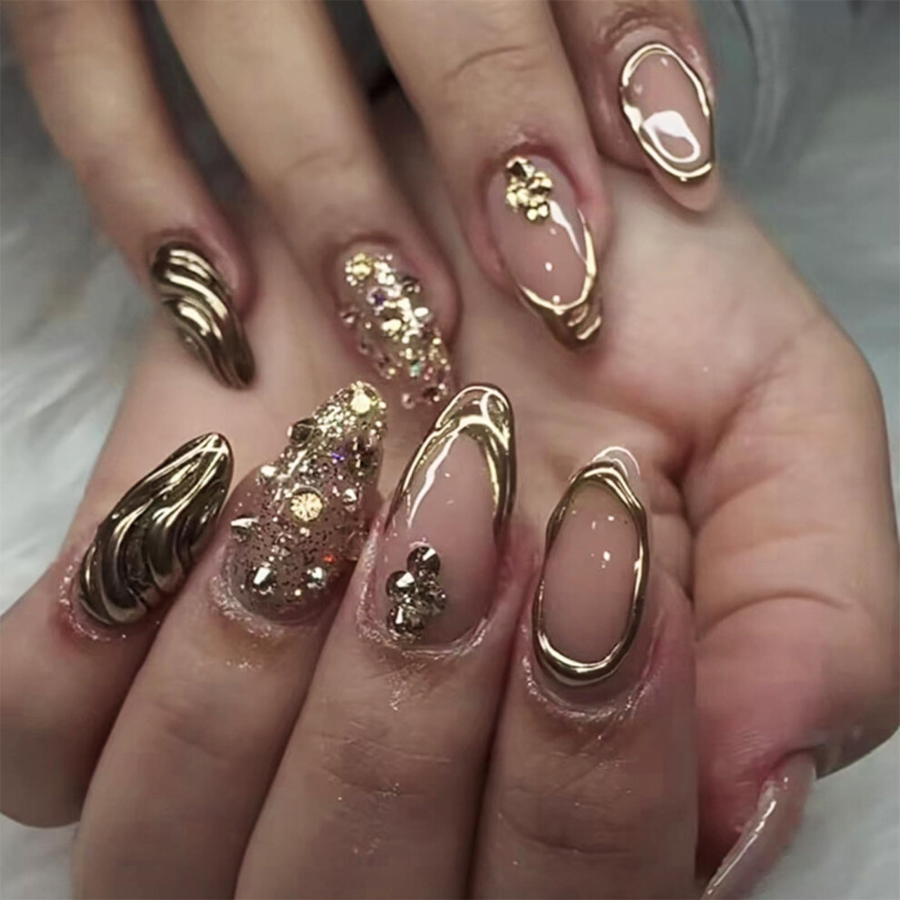 Medium Almond Press on Nails with Golden Edge French Tips, 24pcs Fake Nails Set for Women