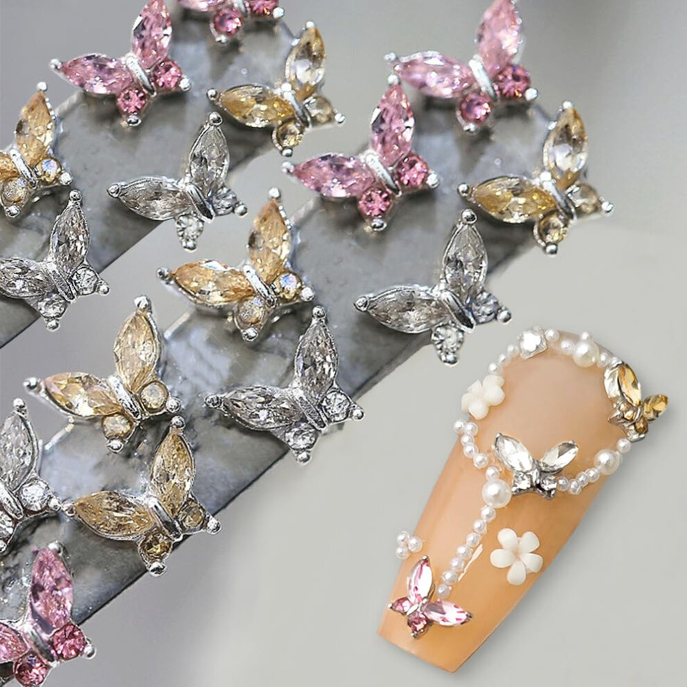 White/Pink Mini Zircon Butterfly Nail Charms 3D Rhinestone Decorations For Nails Champagne Set