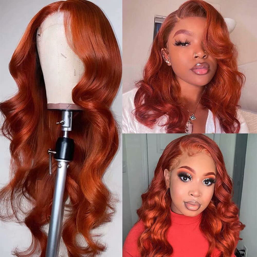 Unisex Orange 24 Inch Ginger Hd Lace Front Wig Brazilian Virgin Human Hair, Pre Plucked 13X6, 150% Density