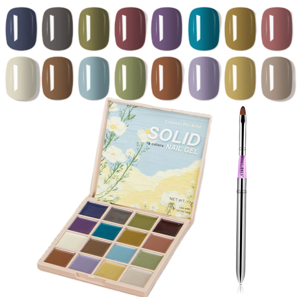 Cream Solid Gel Nail Polish Set, 16 Vibrant Colors Palette With Nail Art Brush, Longlasting Gloss Finish
